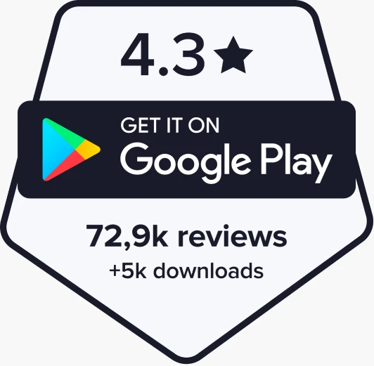 Google Play: rated 4.3 from 72.9K reviews, 5K+ downloads