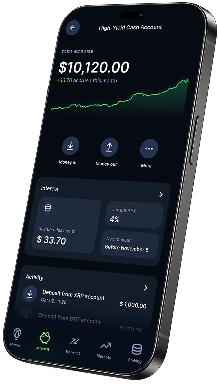 The Uphold High-Yield Cash Account at 4% APY: $10,120.00 available, $33.70 interest accrued this month, and the next payout before November 5.