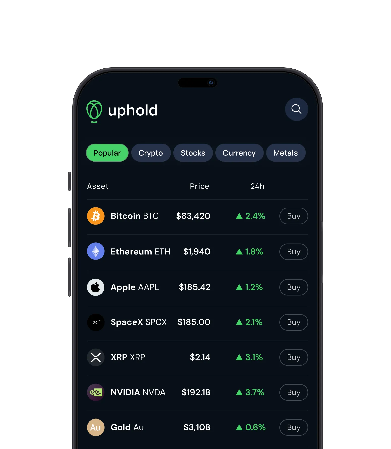 The Uphold app listing popular assets such as Bitcoin, Ethereum, Apple and Gold with prices and daily moves.